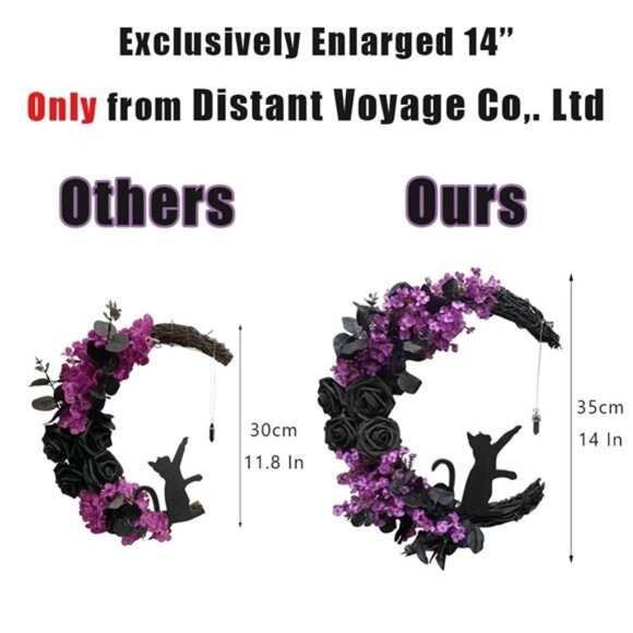 Halloween Wreath for Front Door Halloween Moon Wreath with Mini Black Cat - Picture 3 of 7